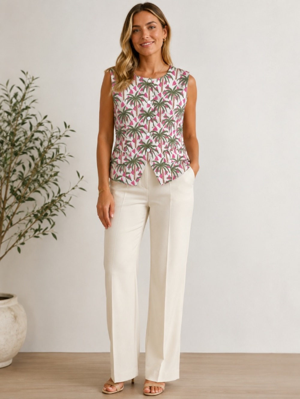 JODIFL jacquard sleeveless vest/ top features a pink palm tree pattern